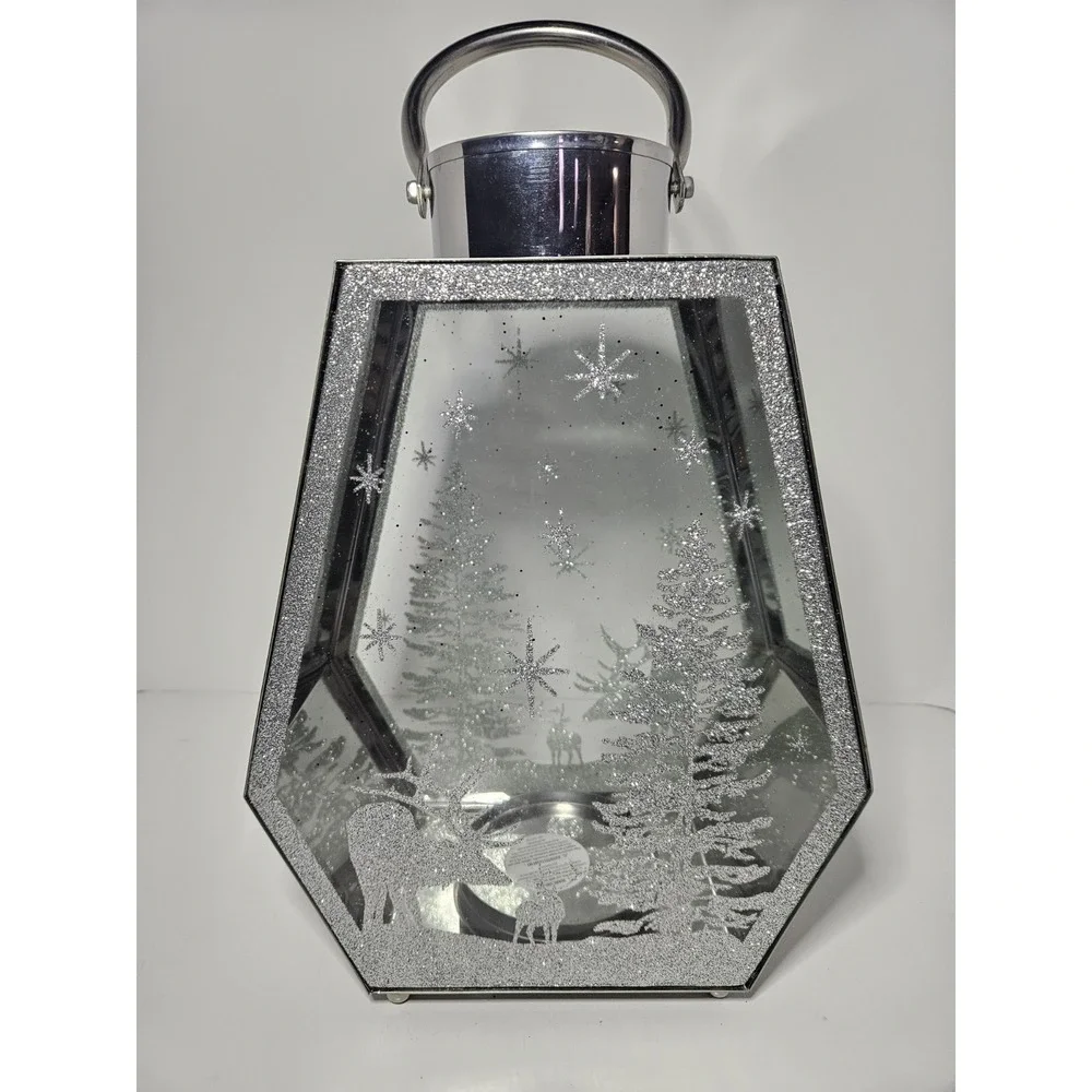 Silver Mirrored Winter Reindeer Snow Scene Geometric Holiday Candle Lantern 13